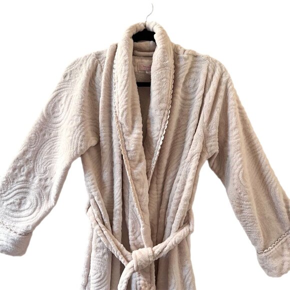Oscar de la Renta Ivory Cream Plush Robe Womens S Pockets Embossed Pink Label - Picture 2 of 12